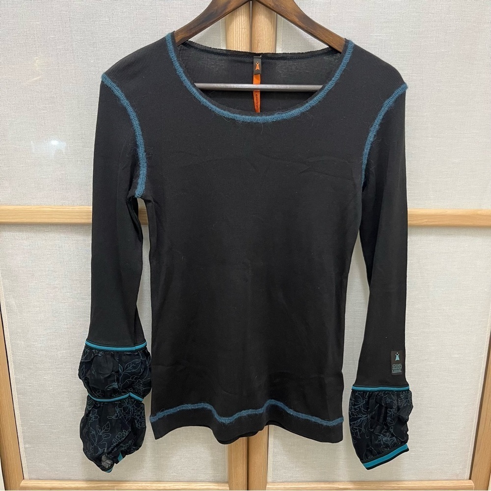 Cop Copine Black Rib Long Sleeve Puff Cuff Thermal Top Size 2